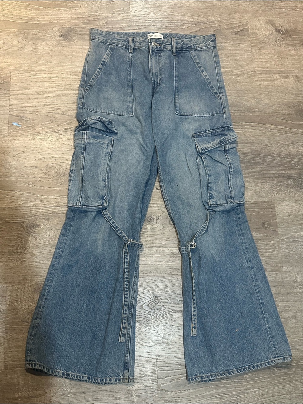 ZARA Women’s Cargo Jeans Size 8 Blue Denim Wide Leg Utility Y2K